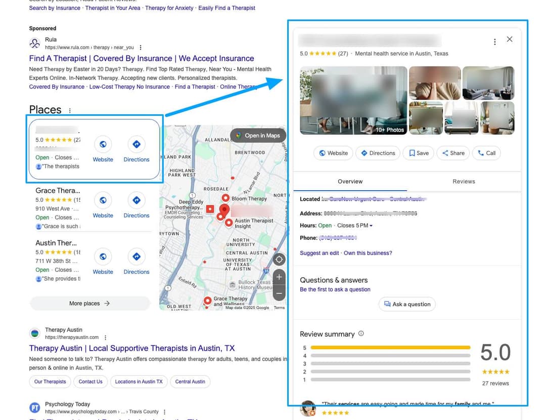 Example of an optimized Google Business Profile for a healthcare practice
